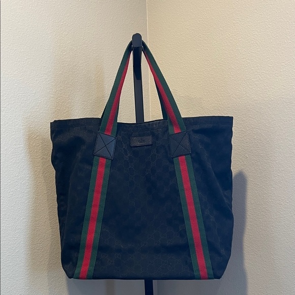 Gucci Handbags - Gucci Black Tote with Red and Green Straps